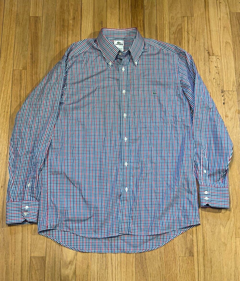 Lacoste Men's 42 XL Oxford Button Down Shirt Red Blue Green Check Plaid Preppy